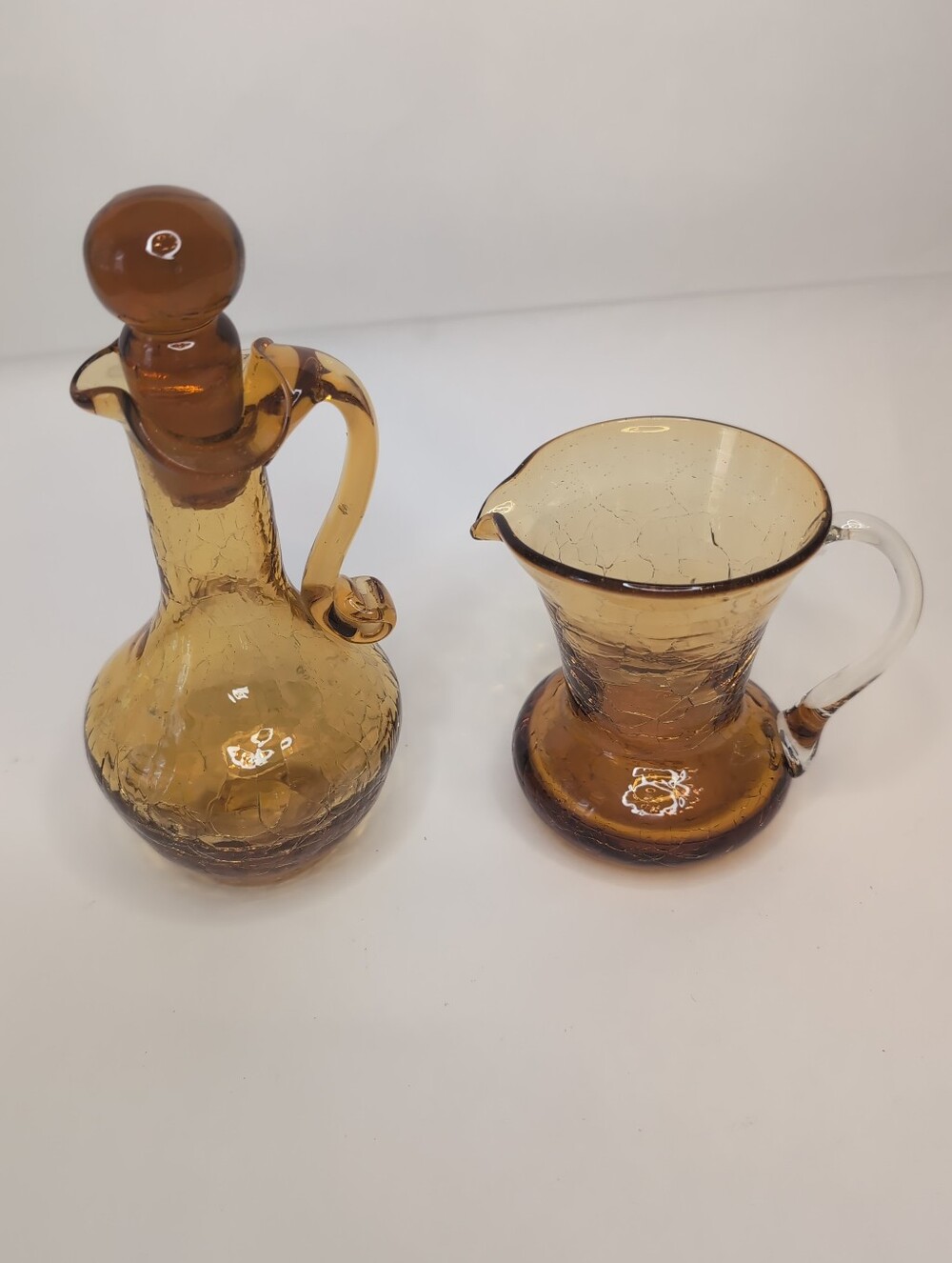 Vintage Amber Crackle Glass Cruet W/ Stopper + Small Pitcher With Glass Handle